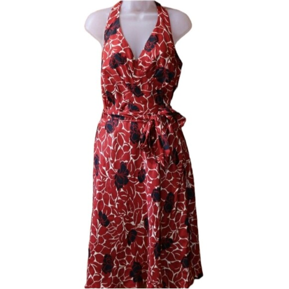 Ann Taylor Petite Red Floral Halter Belted Dress 8 Petite - Picture 1 of 14